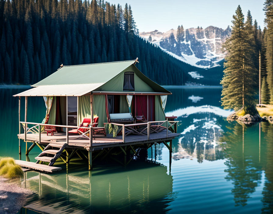 Lakeside glamping tent on wooden platform with mountain view