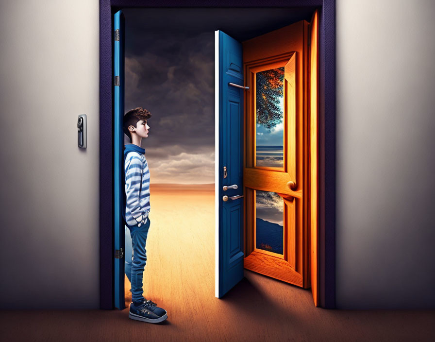 Person stands between two open doors, one nighttime and one daytime