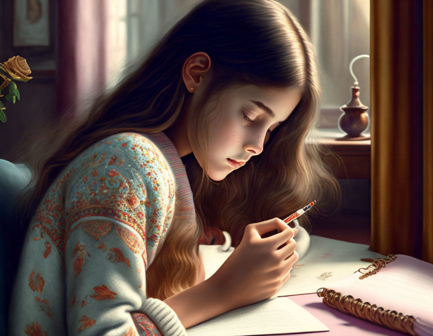 Young girl writing at wooden table with lamp and rose by window