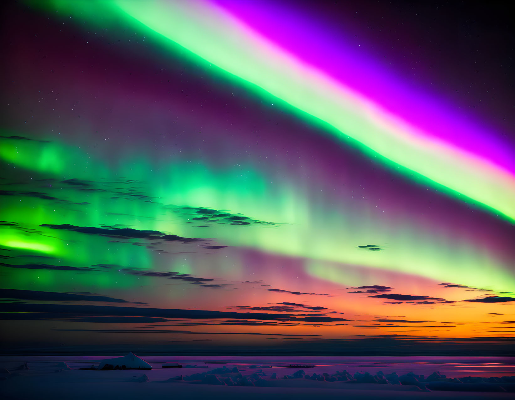 Stunning Aurora Borealis in Snowy Twilight Landscape