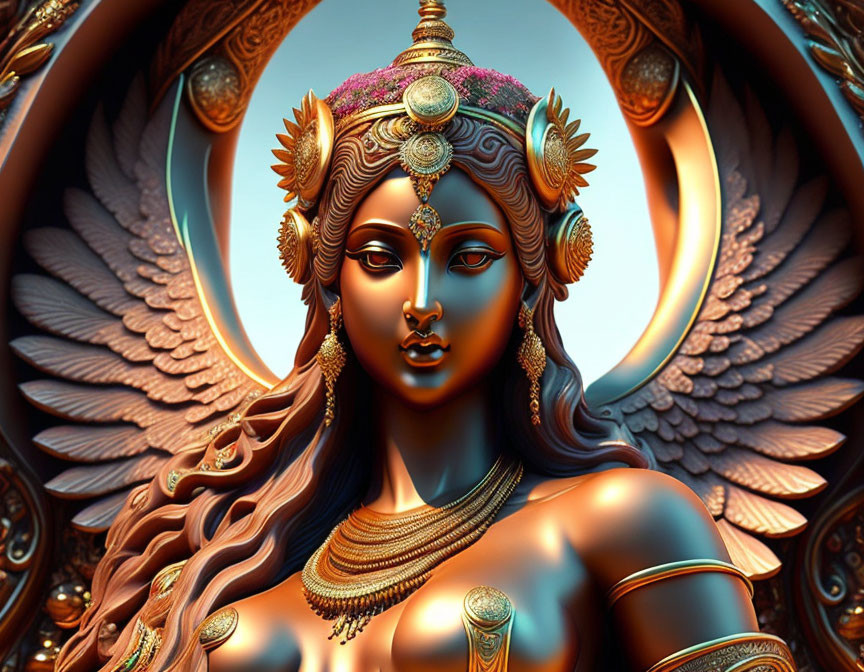 Mythical female figure with ornate jewelry and wings in digital artwork