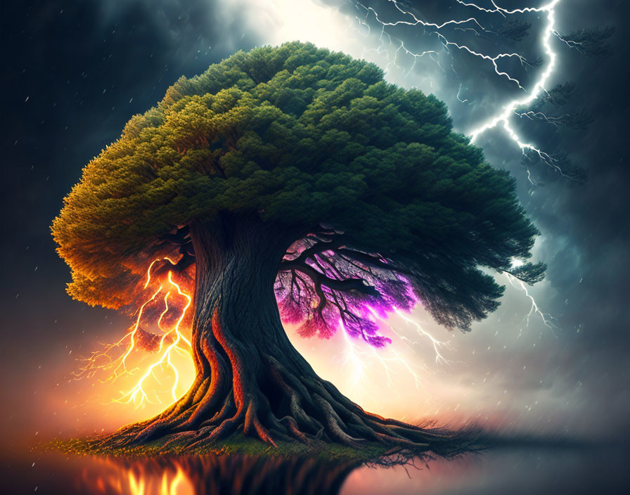 Surreal image: Massive split tree struck by lightning, glowing purple, stormy sky