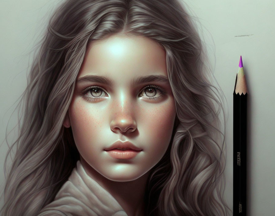 Detailed hyper-realistic drawing of young girl with wavy hair and pencil showcases intricate texture.