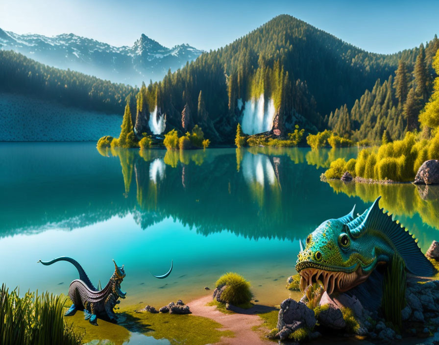 Fantastical scene: Two dragons near mountain lake, waterfalls, lush greenery, blue sky