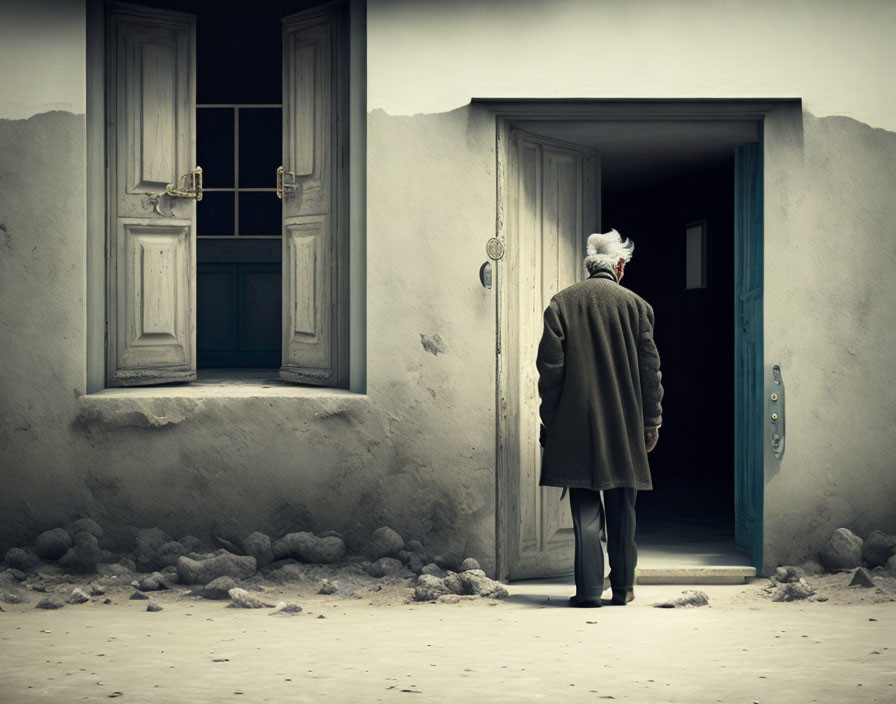 Elderly person at vintage house door in nostalgic color palette