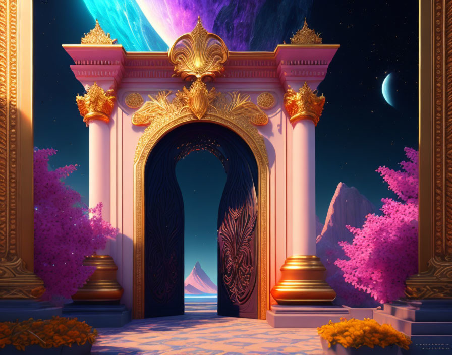 Golden archway revealing fantasy cosmic scene with pink trees and purple sky