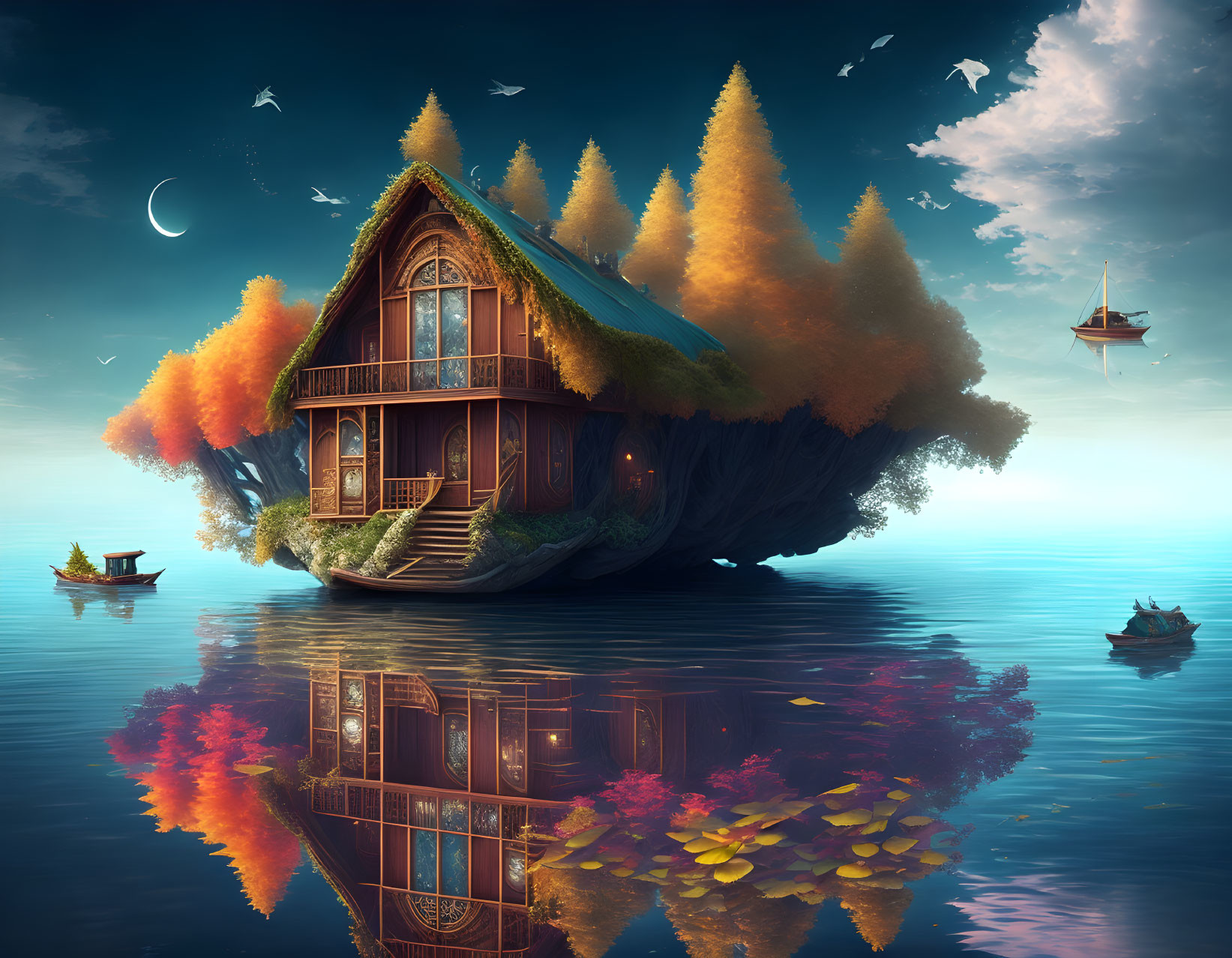 Floating Island with Autumnal Trees and Quaint House Reflected in Water