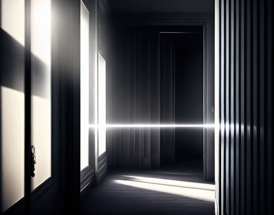 Light beam illuminates partially opened door in dark room