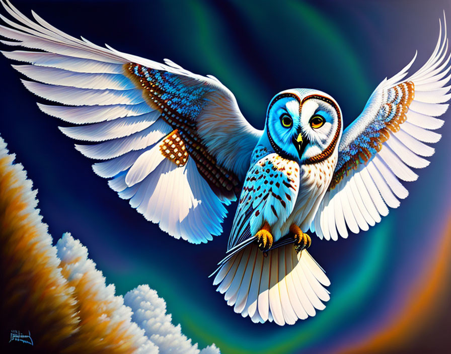 Colorful Owl Illustration in Flight Against Gradient Background