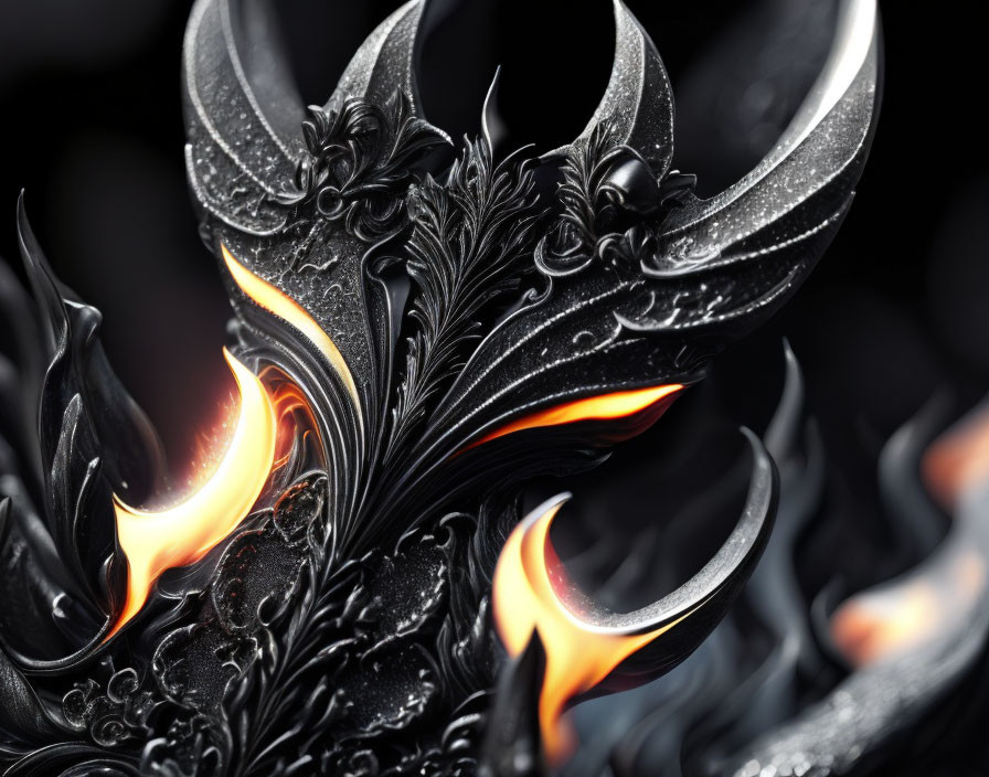 Intricate Metallic Black Sculpture with Floral Patterns and Orange Flames