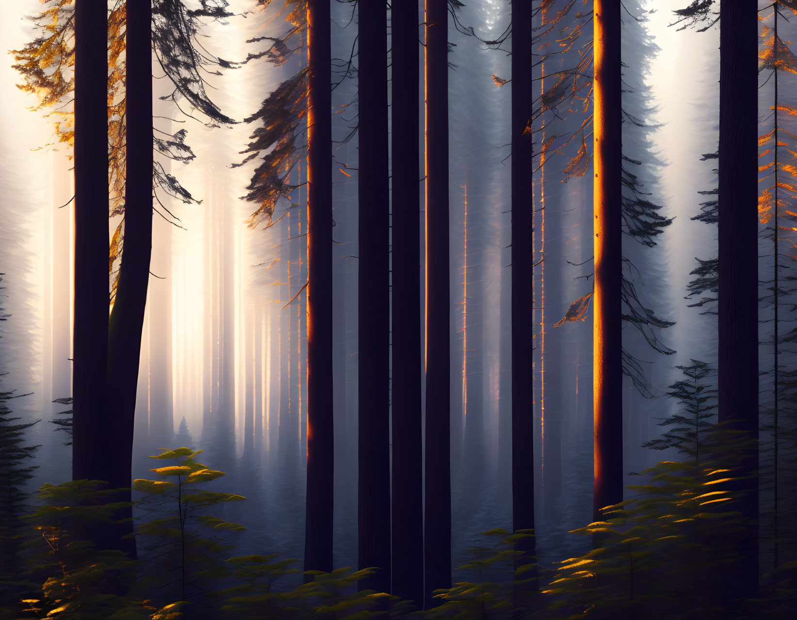 Tranquil forest landscape with sunbeams through dense trees