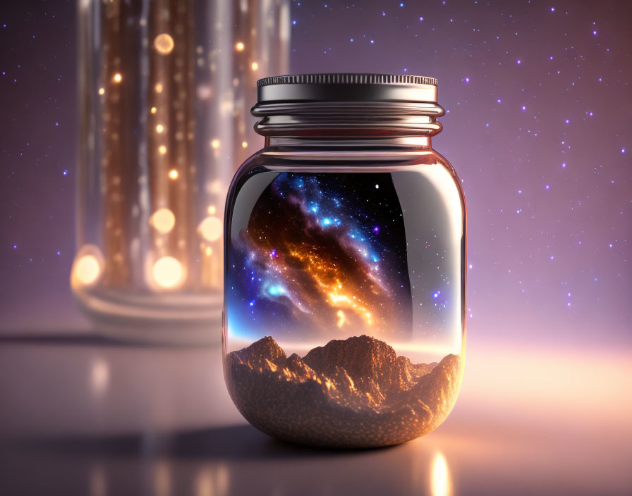 Miniature Mountain Landscape in Glass Jar with Cosmic Starry Sky