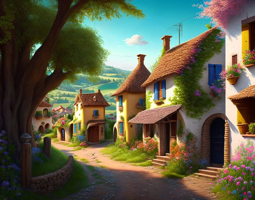 Picturesque village scene with flower-adorned houses, cobblestone path, rolling hills, and