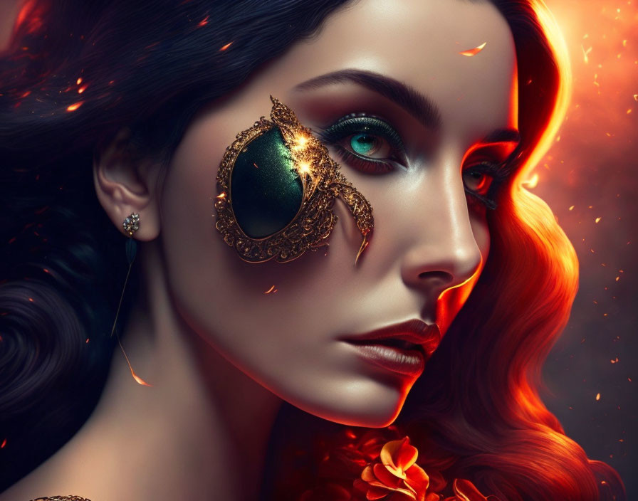 Fiery red-haired woman with golden eye mask and green eyes in ember-filled scene