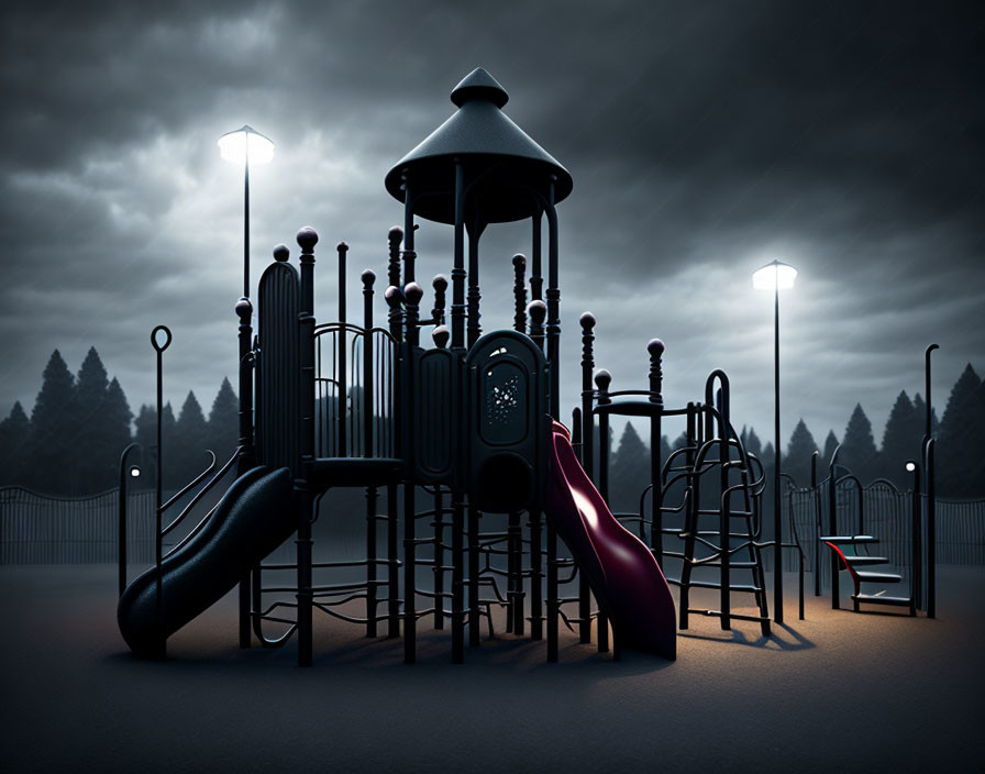 Deserted playground at night with illuminated slides and climbing structures