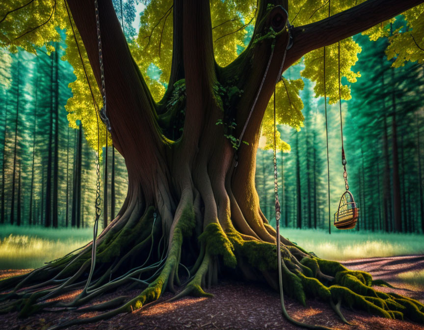 Tranquil forest landscape with tree, swing, and sunlight glow