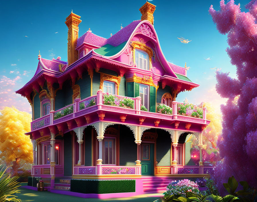 Pink Victorian-style house with intricate trimmings in colorful landscape