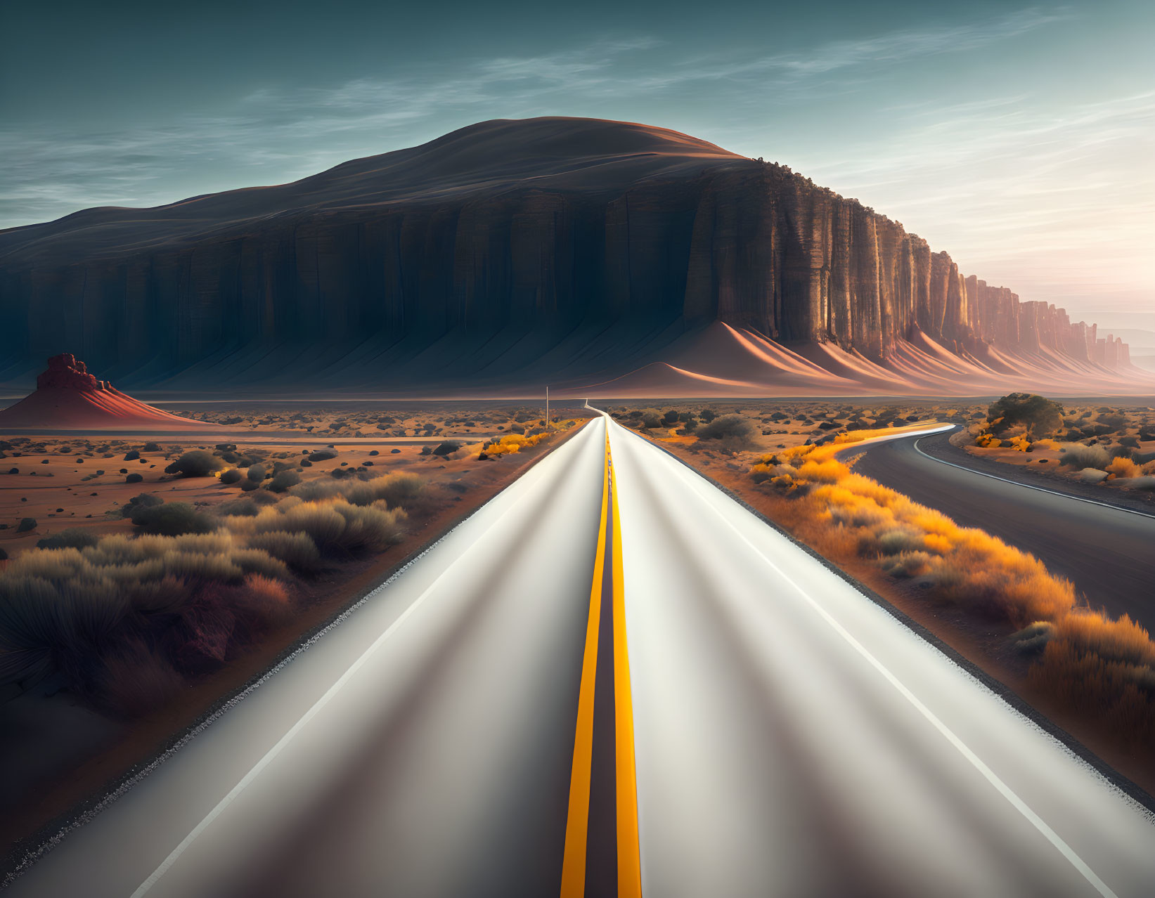 Desert landscape with straight road and sandstone mesas