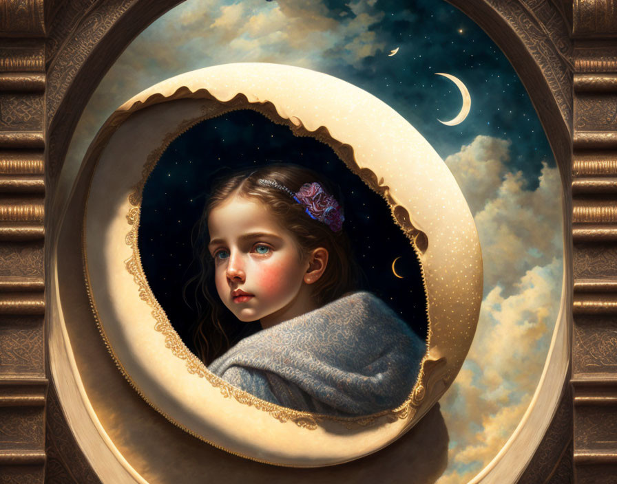 Young girl in circular frame with stars and crescent moon, ornate gold border