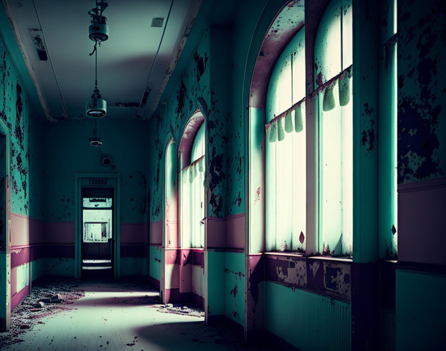 Abandoned hallway with turquoise walls, arched windows, debris, and glowing EXIT sign