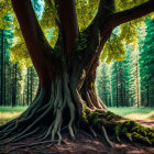 Tranquil forest landscape with tree, swing, and sunlight glow