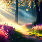 Tranquil forest path with sunlight and blooming flowers