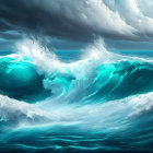 Digital painting of turbulent ocean with towering waves and distant ship under dramatic cloudy sky