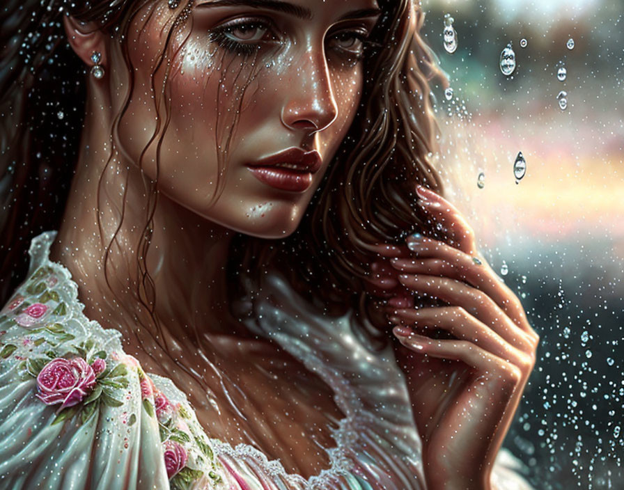 Detailed digital painting of woman with wet hair and skin, water droplets.