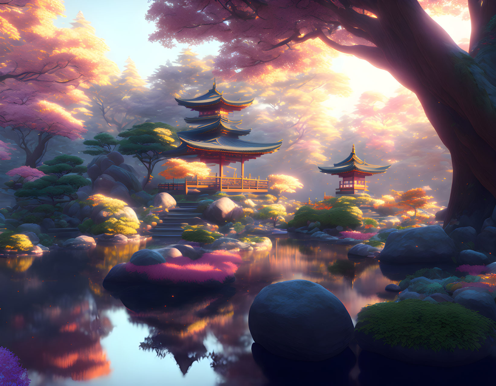 Tranquil Japanese garden with cherry blossoms, pagodas, pond, and sunset lighting