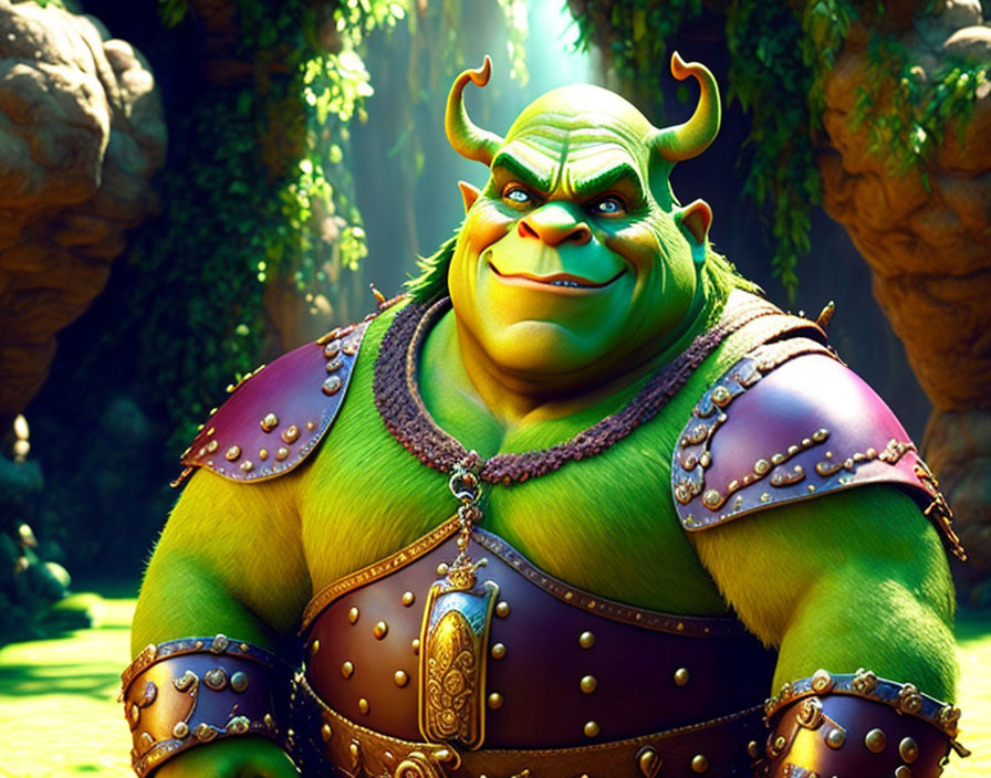 Green ogre with horns in forest wearing leather vest and metal shoulder guard