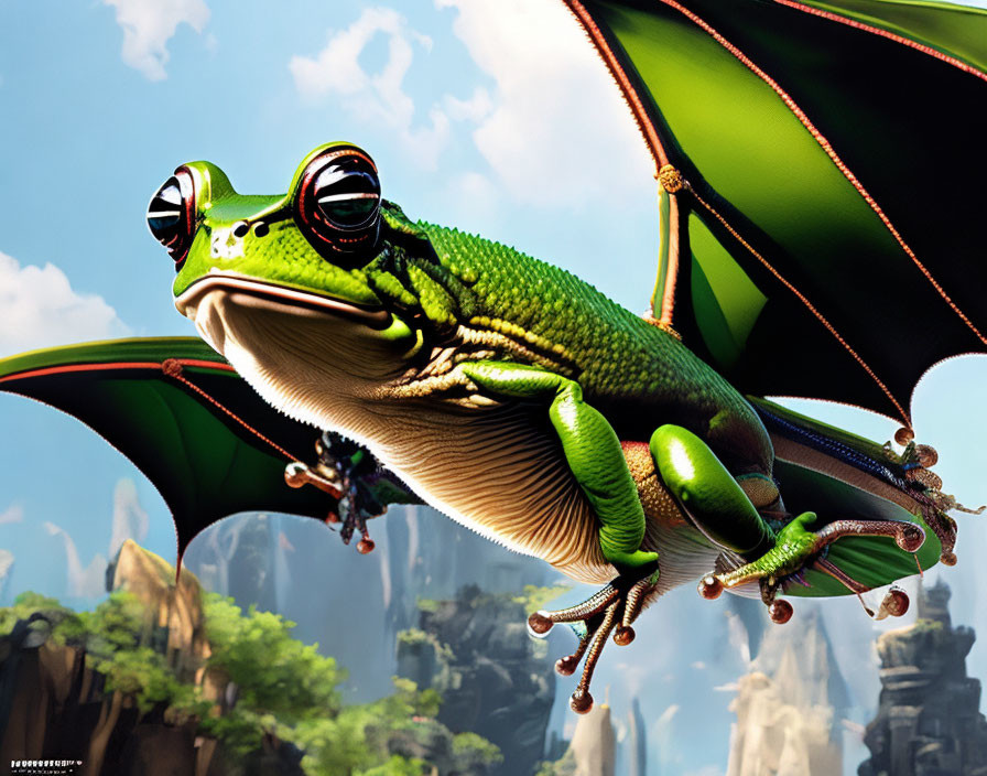 Detailed illustration: Green frog with reflective eyes, webbed feet, wings, in fantasy landscape