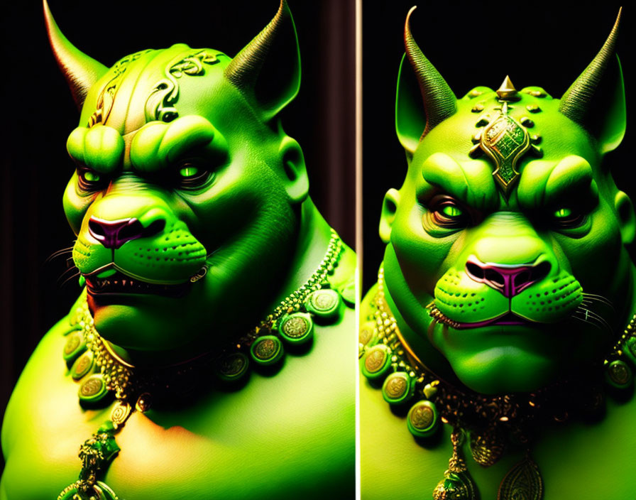 Fantastical creature bust sculptures with green hue and ornate adornments