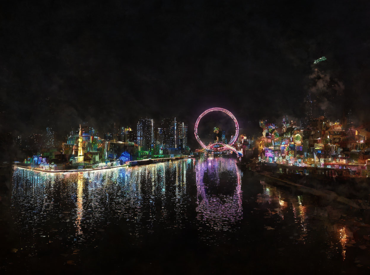 Night cityscape with observation wheel and illuminated buildings by water