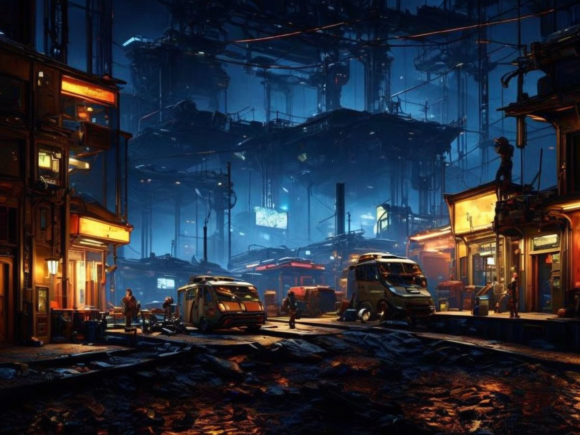 Futuristic nocturnal cityscape with neon signs and industrial architecture