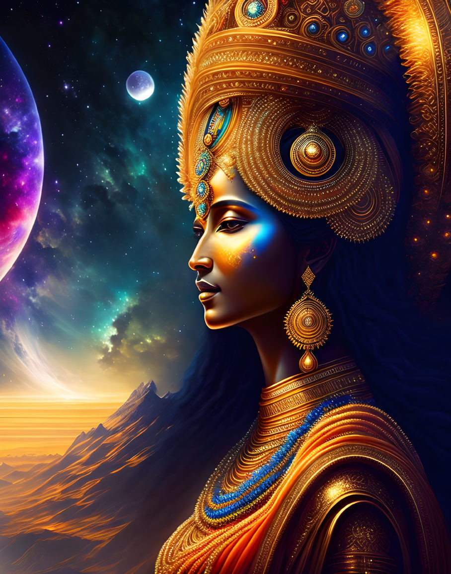 Regal figure with ornate headgear in cosmic setting