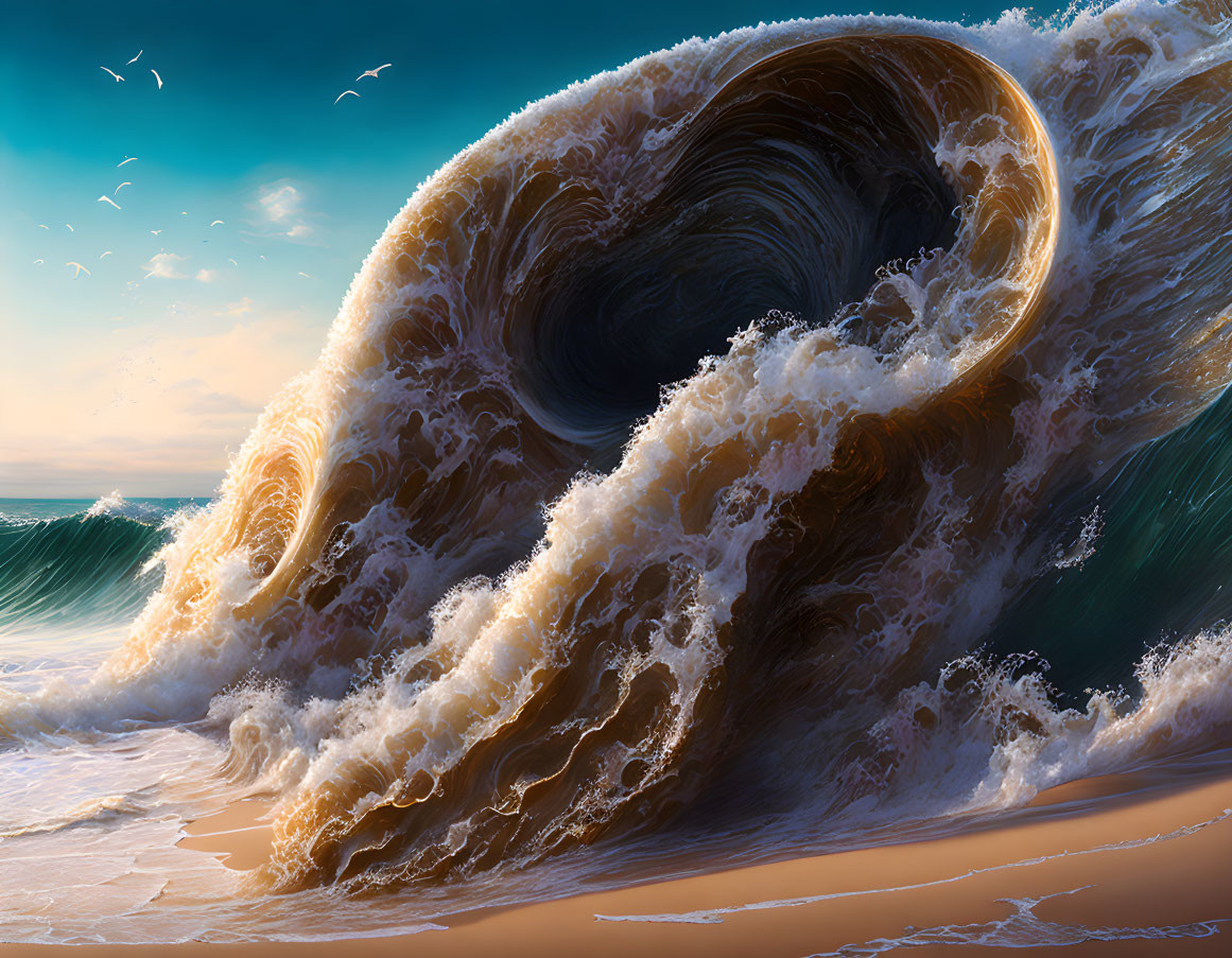 Digital artwork of a surreal spiral ocean wave at sunset