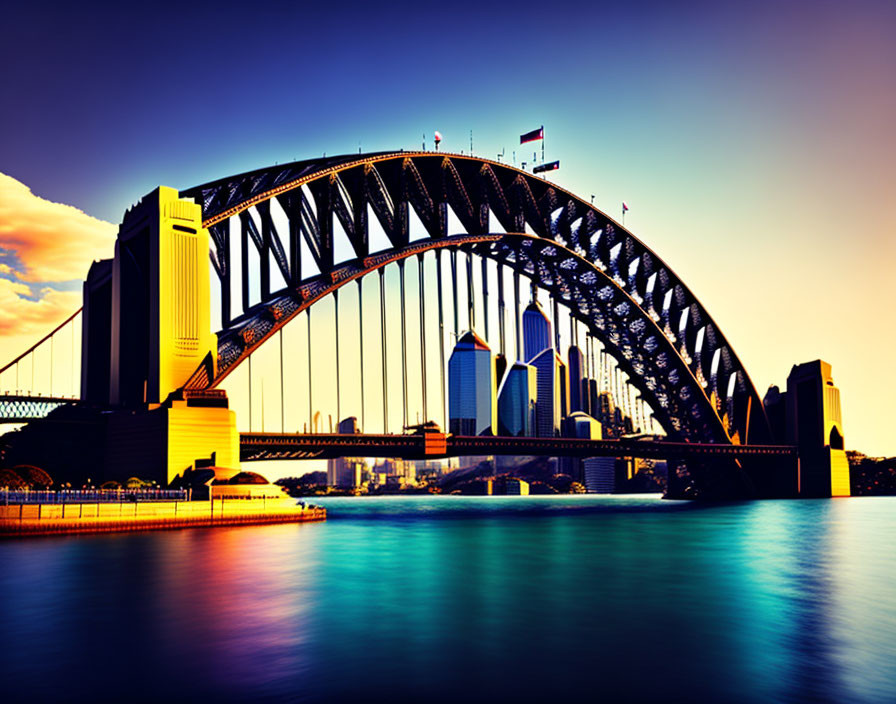 Iconic Sydney Harbour Bridge silhouette at dusk with vibrant colors and city skyline reflection.