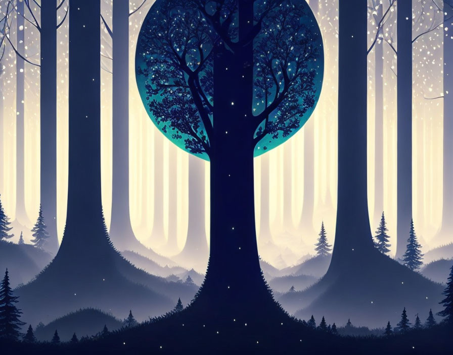 Stylized forest scene with central tree in night sky ambiance