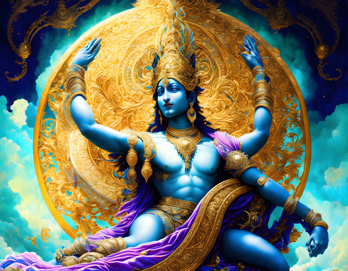 Detailed illustration of blue-skinned multi-armed deity in golden attire against ornate backdrop