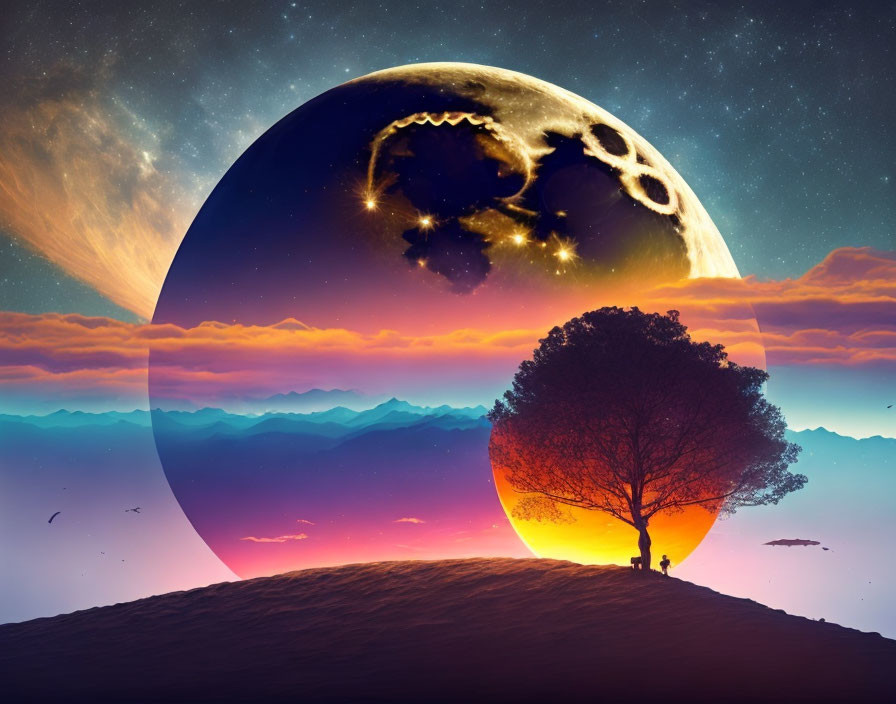 Surreal sunset landscape with oversized moon, tree silhouette, and person on hill