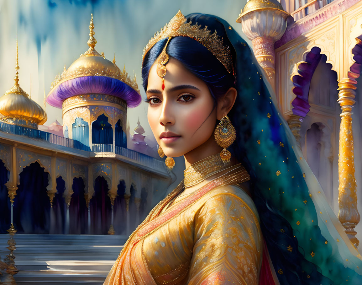 Illustrated woman in Indian attire at ornate palace.