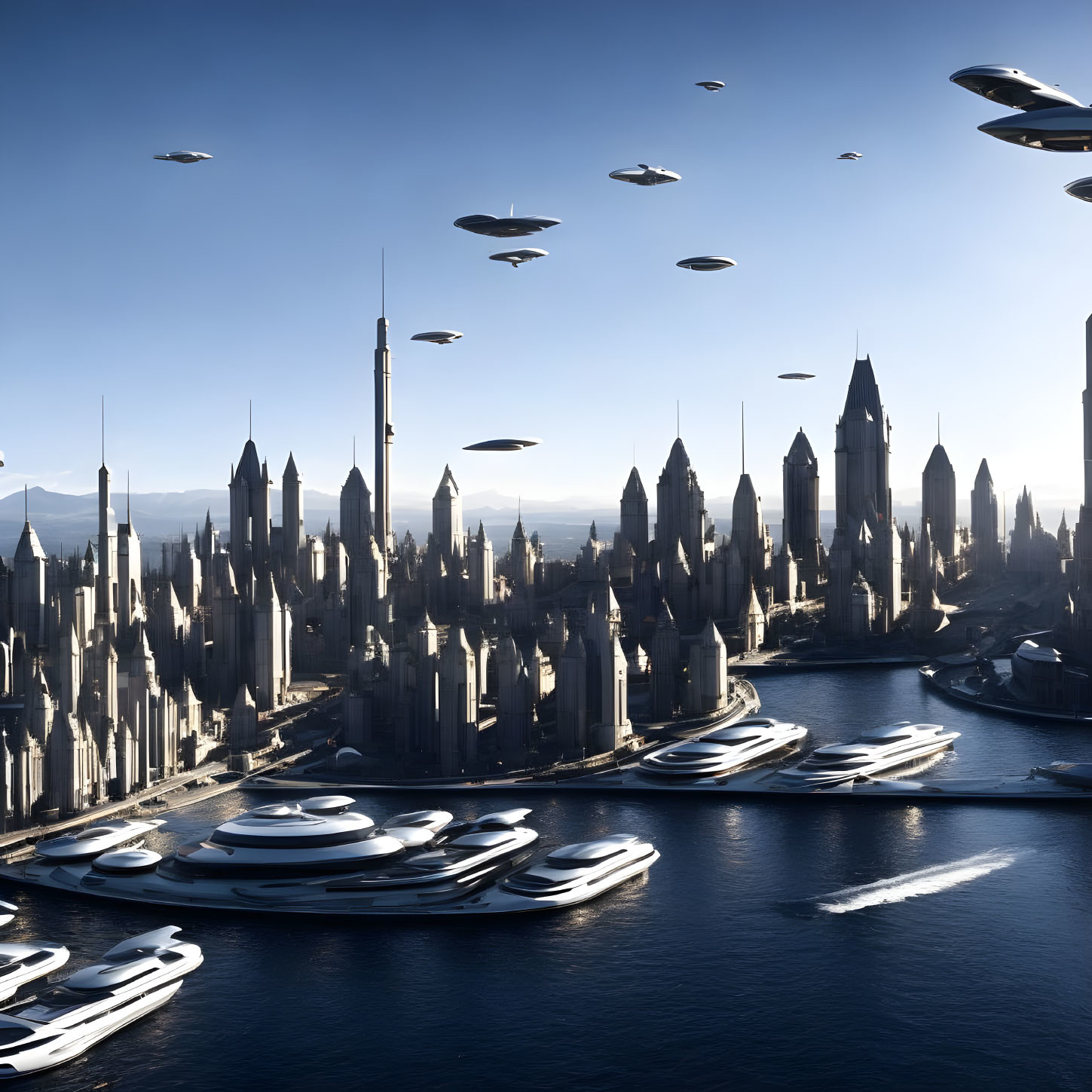 Futuristic cityscape with tall skyscrapers, water, and flying saucers