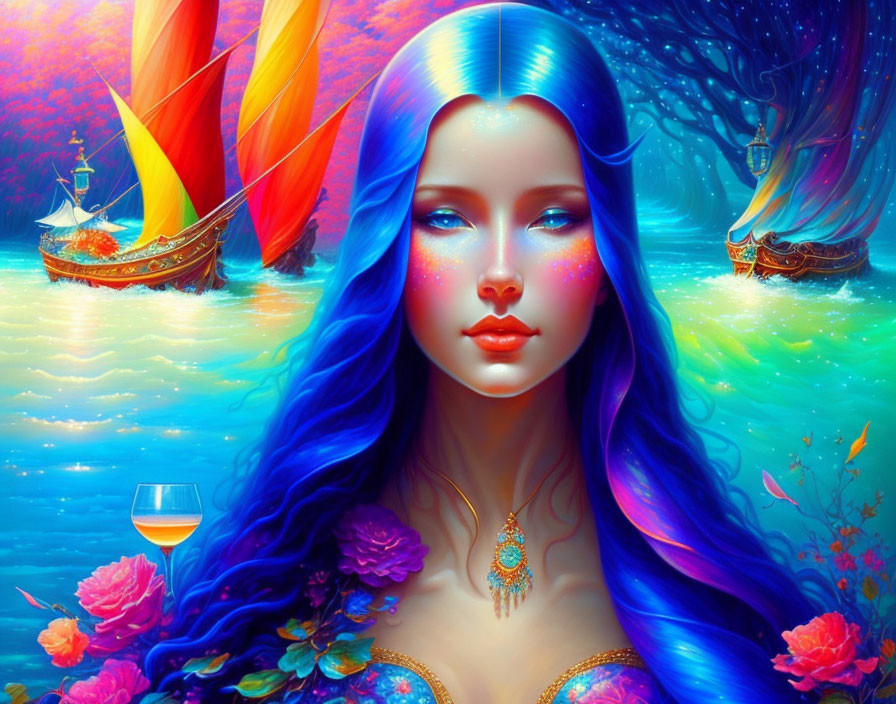 Digital artwork: Woman with blue hair in fantasy sea with marine life & ships