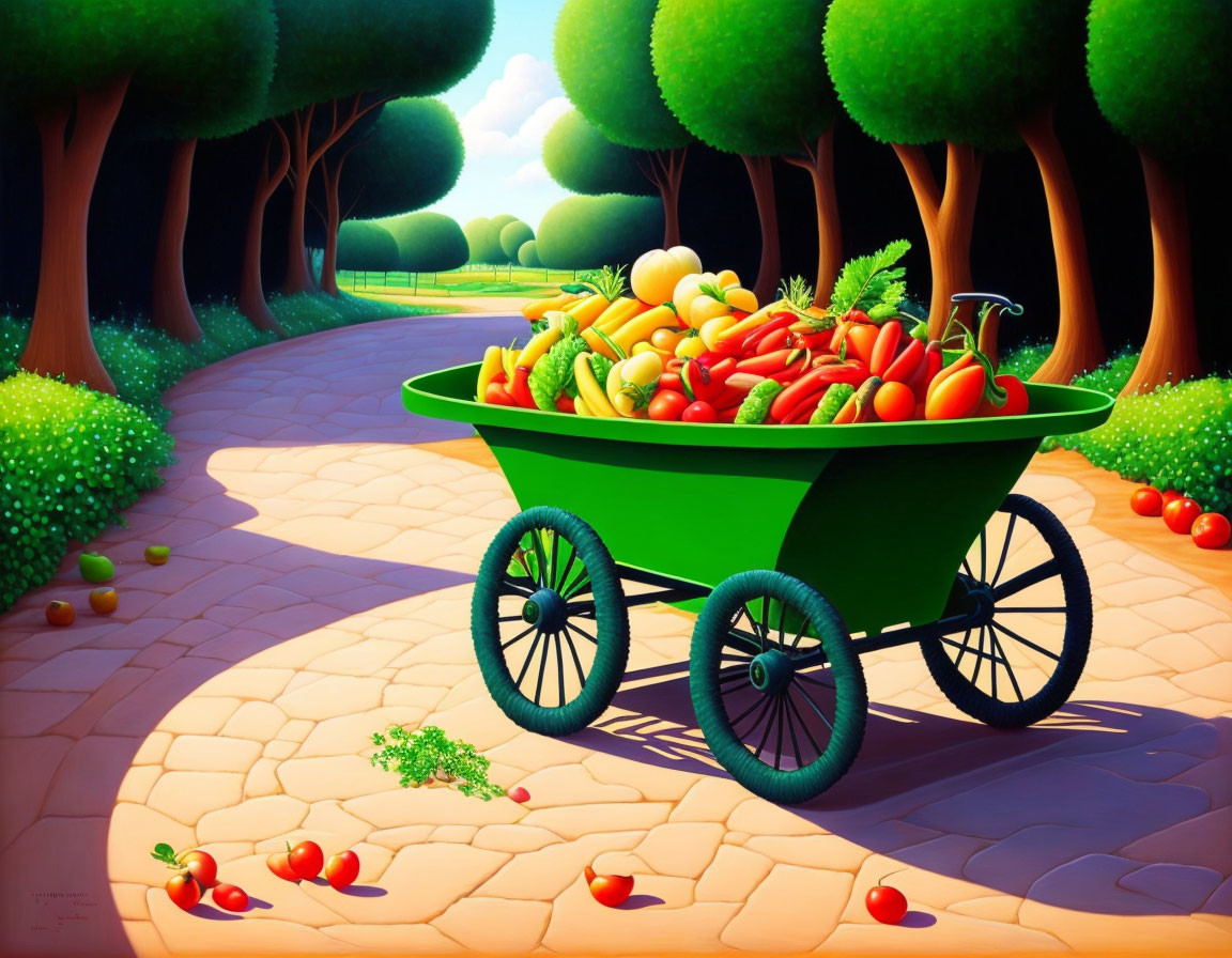 Vibrant painting of green wheelbarrow with fresh vegetables on cobblestone path