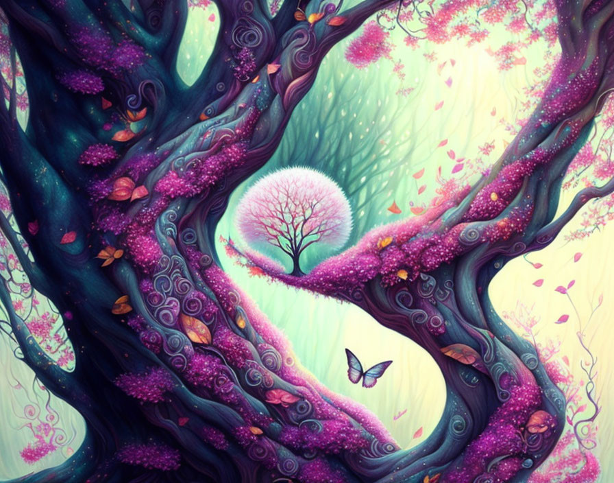 Vivid Purple and Pink Forest Scene with Glowing Tree and Butterfly