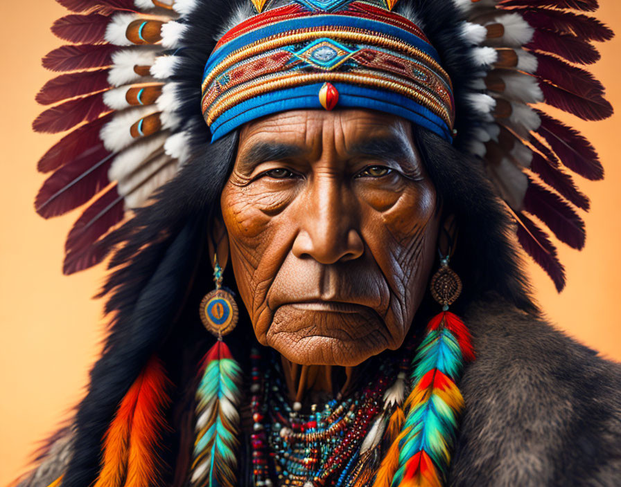 Person wearing feather headdress and beads on orange backdrop