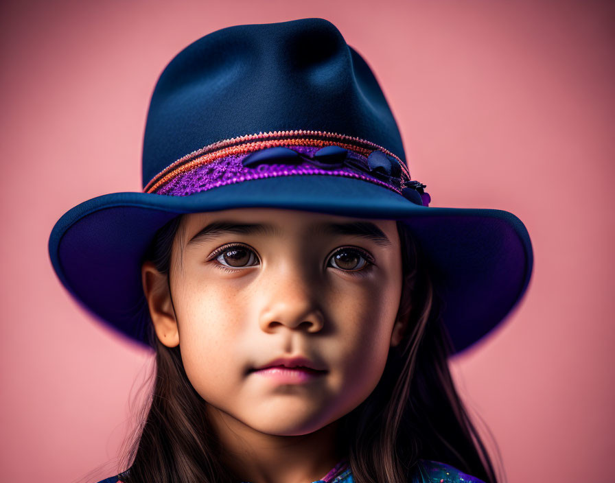 Young child in large blue hat gazes thoughtfully on pink backdrop