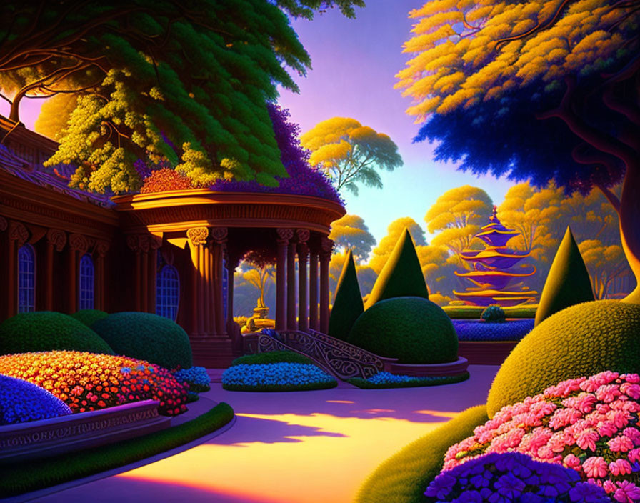 Twilight garden with vibrant flowers, gazebo, and whimsical trees