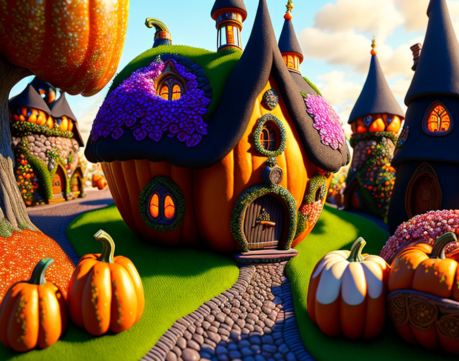 Whimsical pumpkin-shaped village in lush landscape