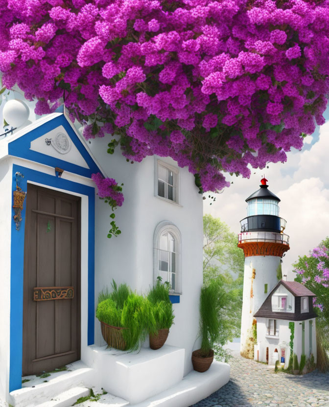 Whimsical house with purple tree canopy near lighthouse under clear sky